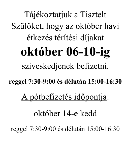 Étkezés befizetés október 6-10-ig