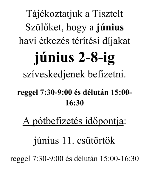 Étkezés befizetés június 2-8-ig